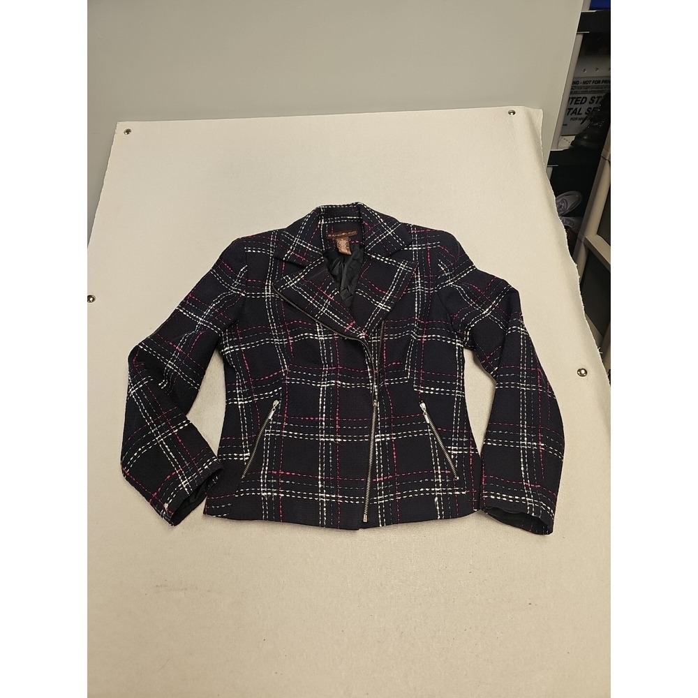 Bandolino Navy Pink Plaid Tweed Moto Jacket Womens Size 6 Asymmetric Zip Blazer